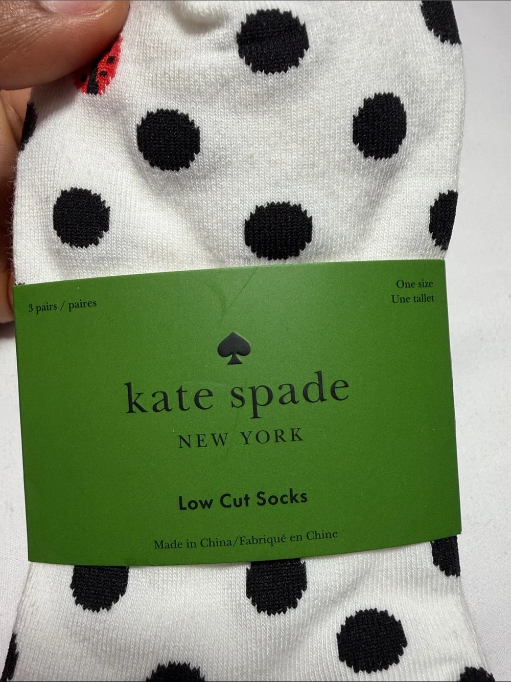 kate spade white polka‎ dot ankle socks with red ladybug